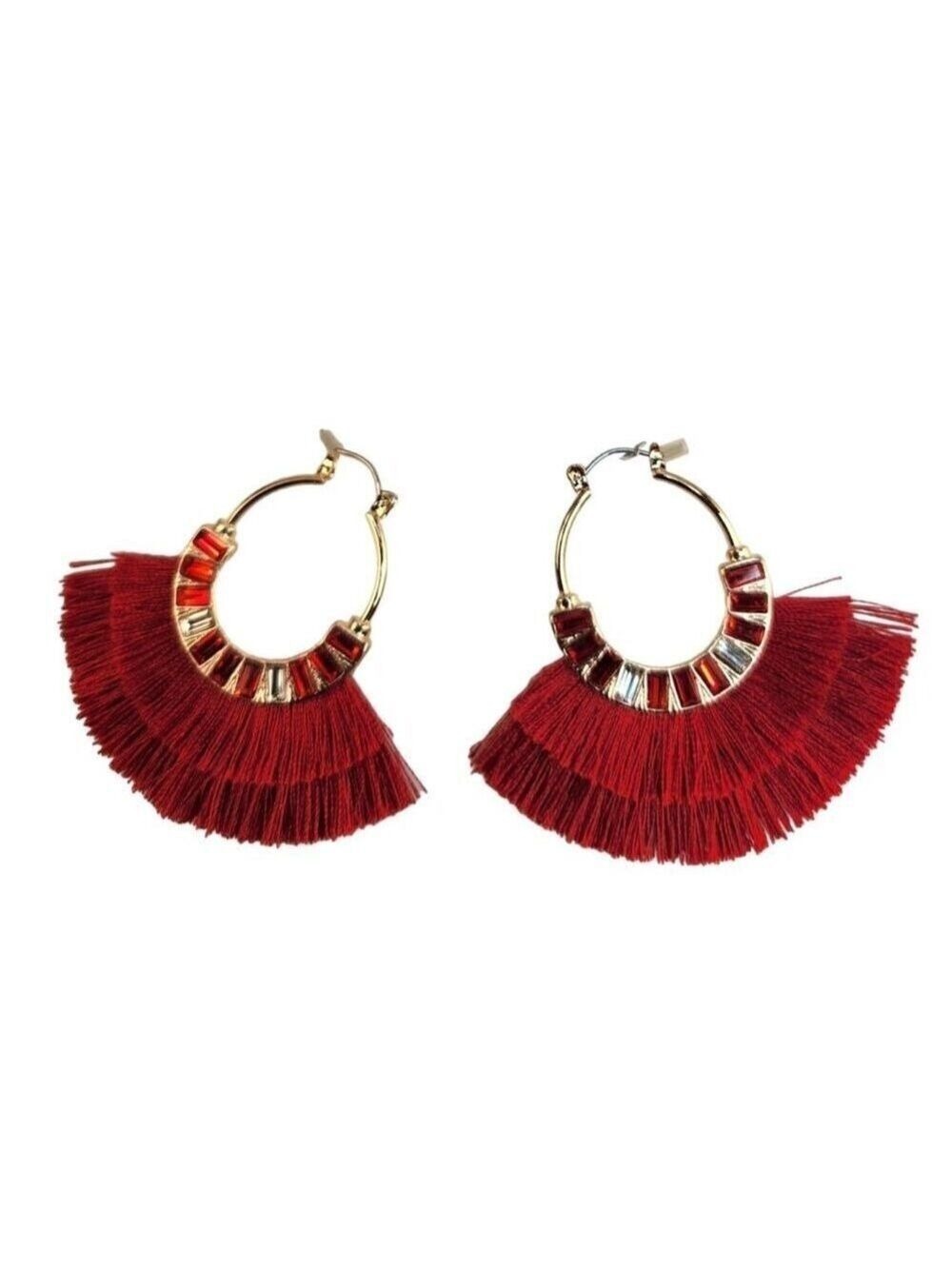 Gold Red Tassel Fan Oval Hoop Earrings Rhinestone Accents